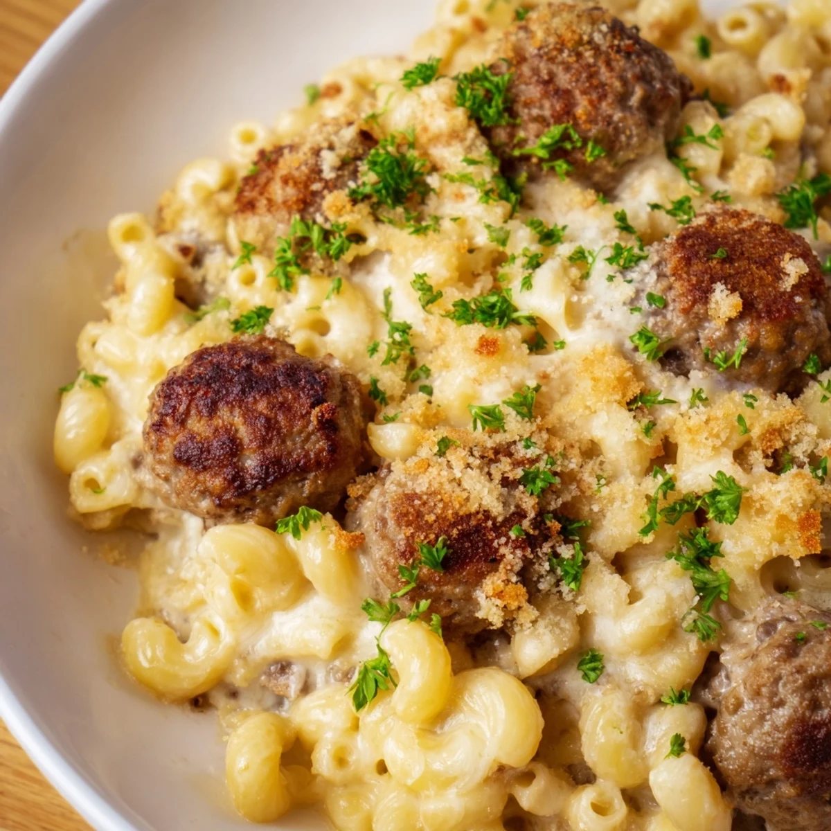 Golden-brown Mac & Cheese Meatball Bake, bubbling hot, a hearty casserole ready to serve.