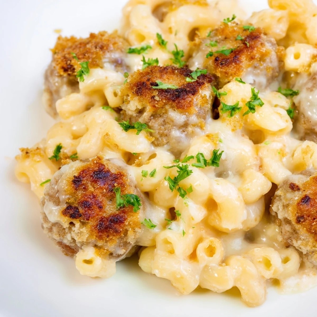 A close-up of a deliciously cheesy Mac & Cheese Meatball Bake, topped with breadcrumbs, ready for eating.