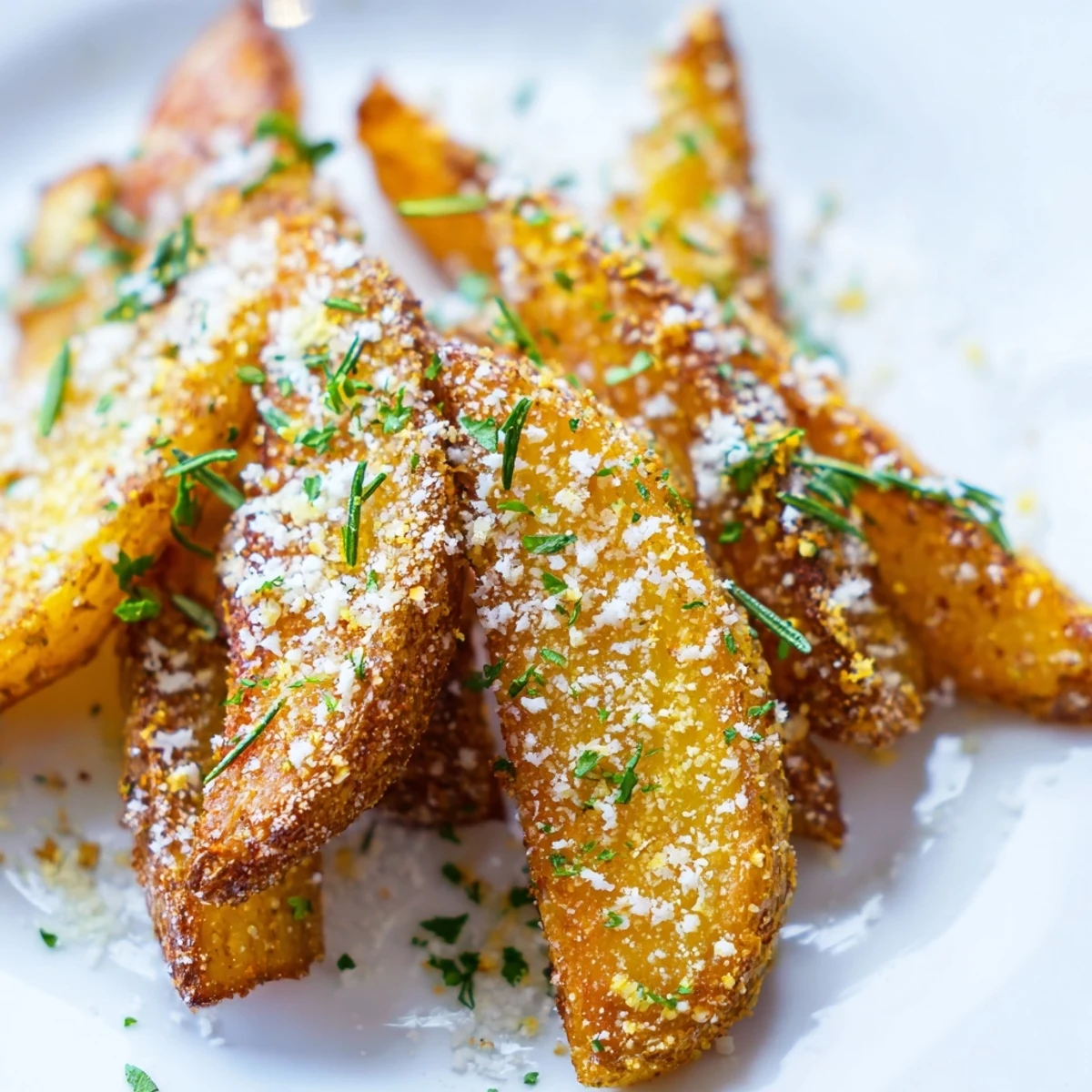 Close-up of crispy, seasoned Rosemary Parmesan Potato Wedges, perfect as a side dish.