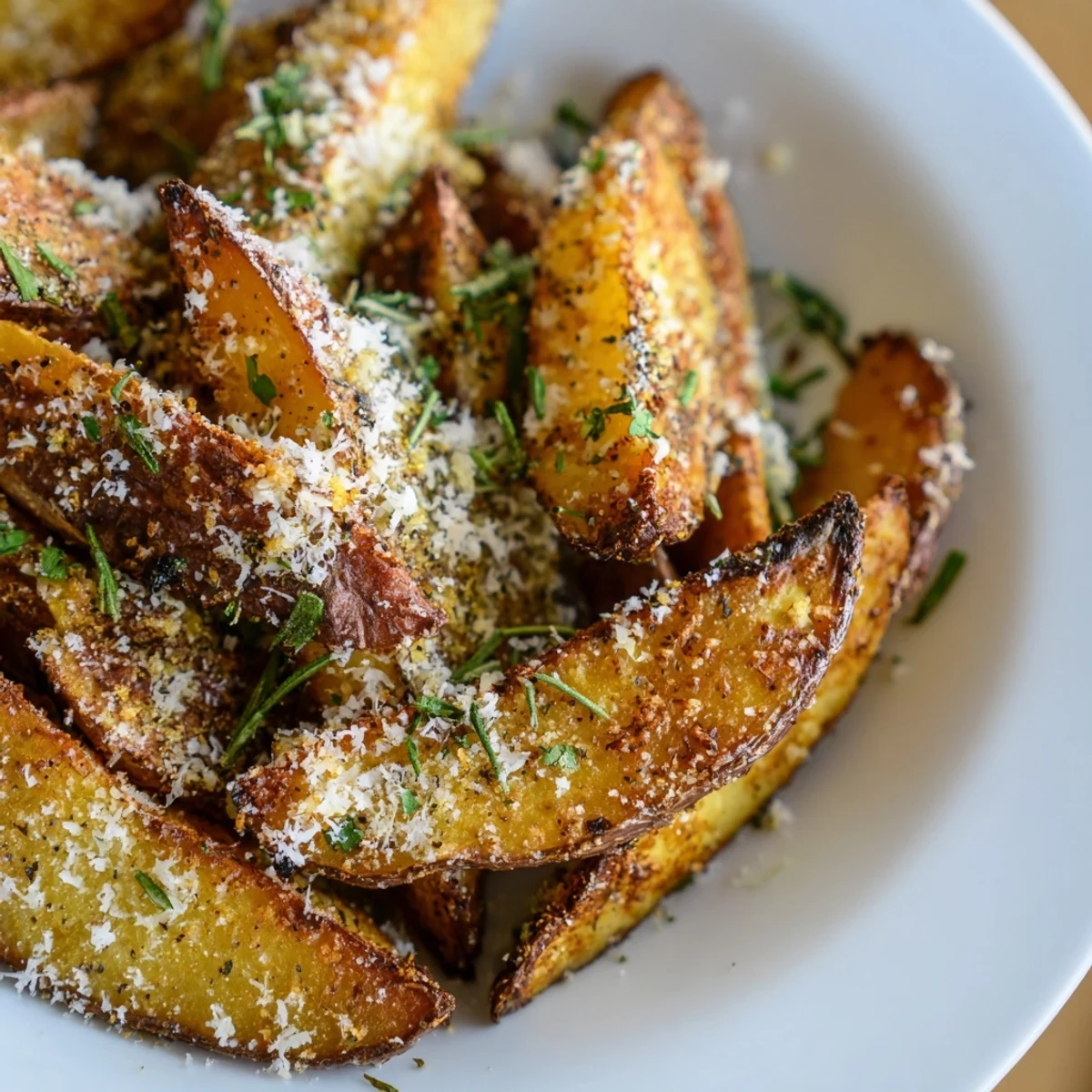 Fragrant Rosemary Parmesan Potato Wedges, hot from the oven, with a sprinkle of fresh parsley.