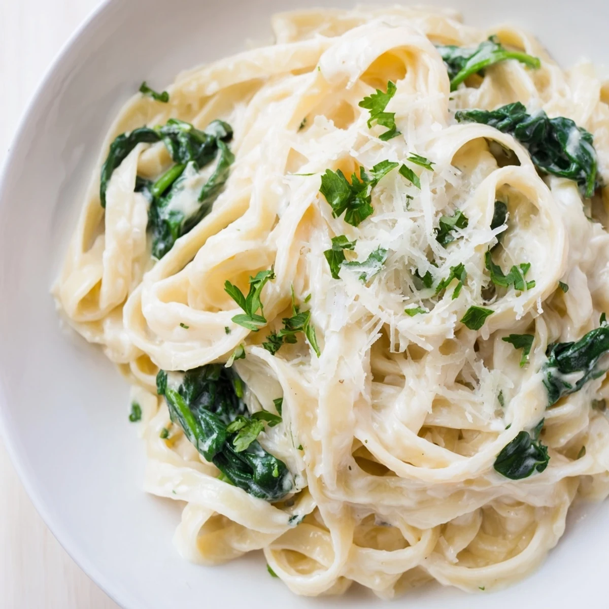 Creamy Spinach Fettuccine Alfredo: A vibrant, comforting pasta dish featuring tender fettuccine and rich Alfredo sauce.
