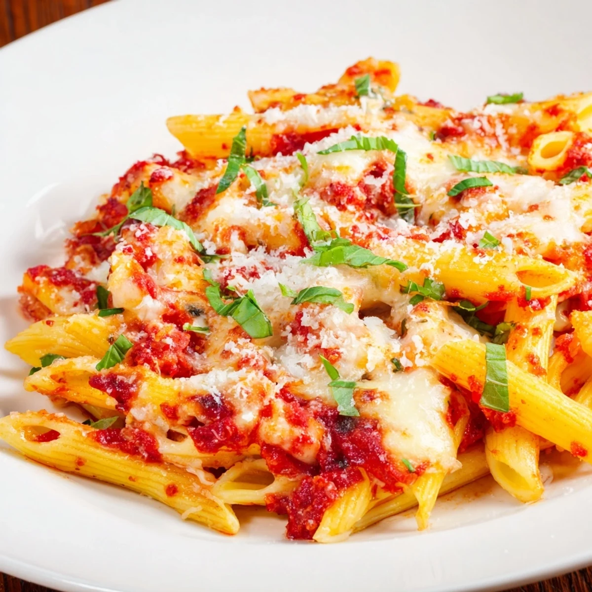 Golden, bubbly baked Penne Arrabbiata, a vegetarian Italian comfort food bake, ready to serve.