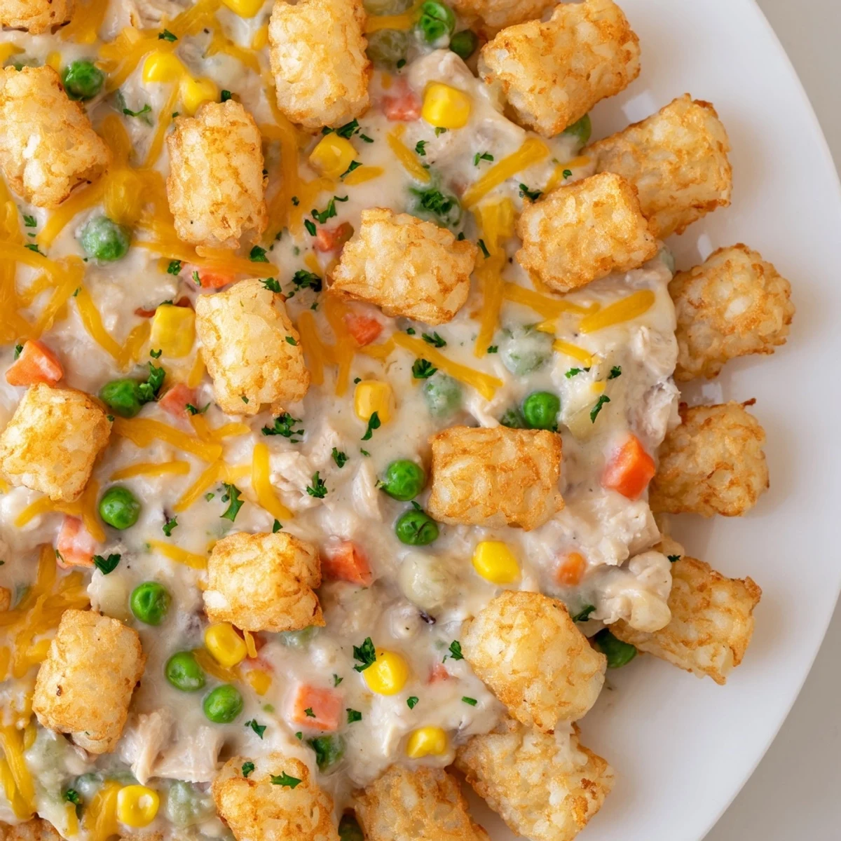 A hot, bubbly Crispy Tater Tot Casserole with melted cheese topping a creamy chicken mix.