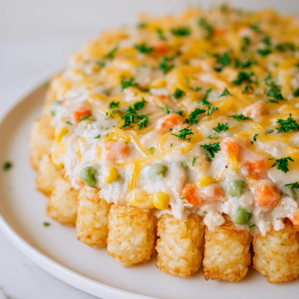 Golden, crispy tater tots crown a savory chicken and vegetable filled Crispy Tater Tot Casserole.