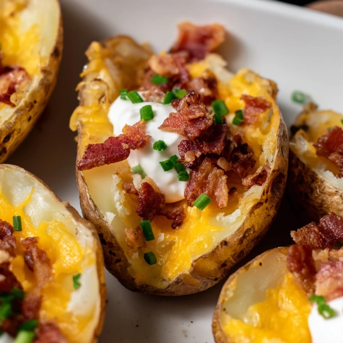 Golden brown loaded baked potato skins topped with melted cheese, crispy bacon, and creamy sour cream.