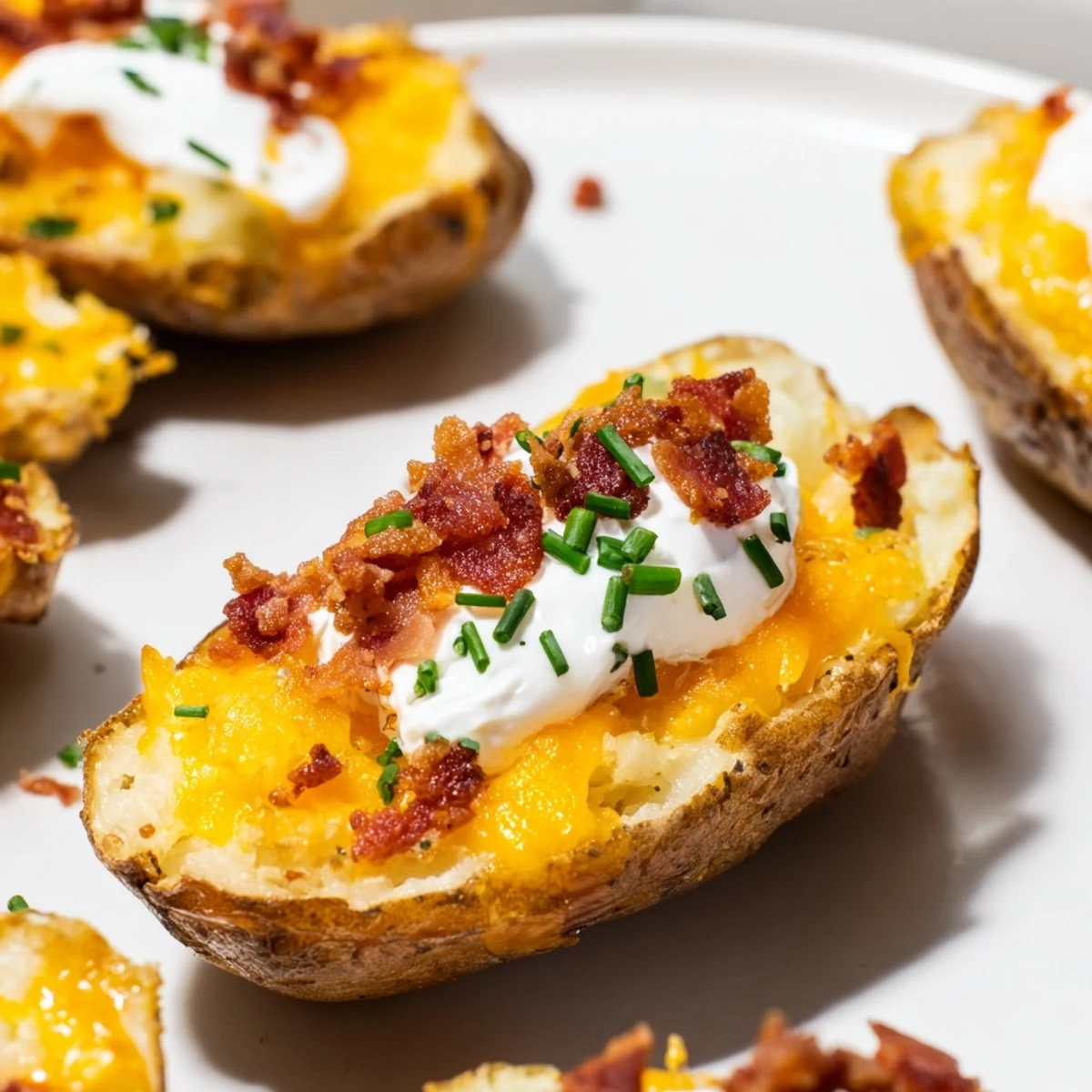 Close-up of loaded baked potato skins, featuring bubbly cheese and a sprinkle of fresh chives.