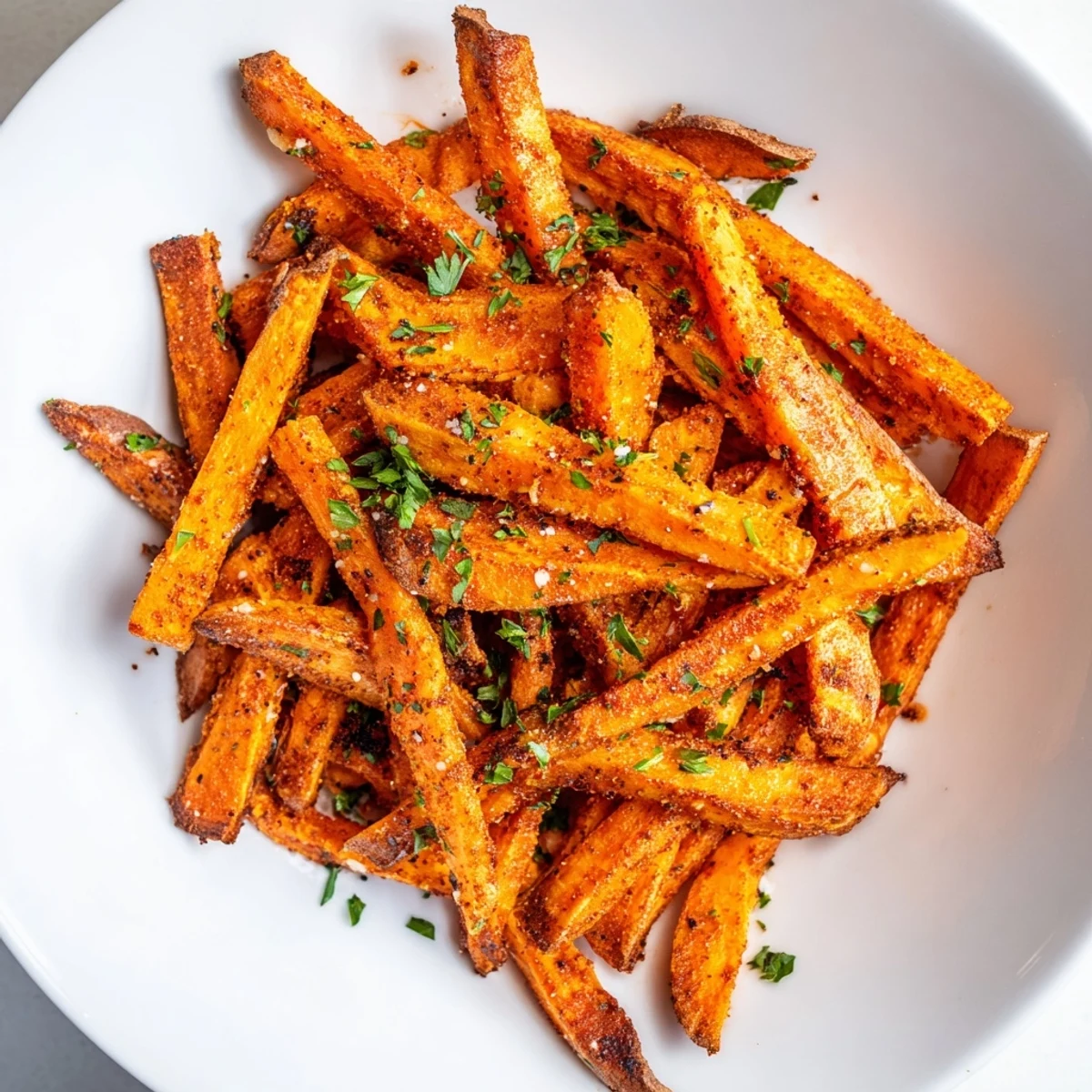 Golden, air-fried Cajun spiced sweet potato fries, offering a satisfying crunch with every bite.