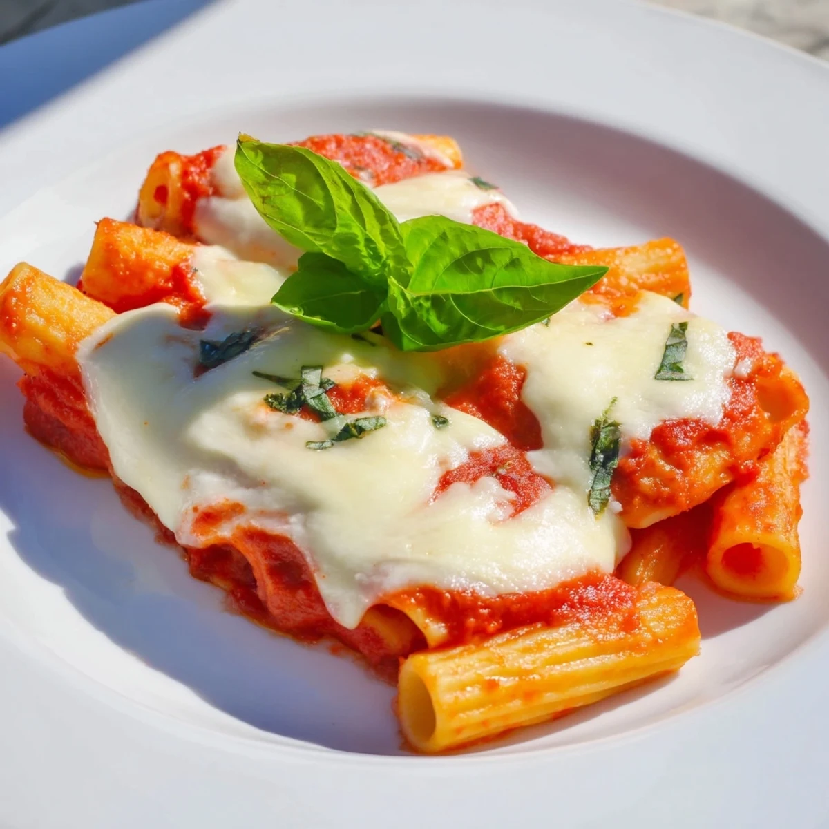Golden, bubbly cheesy baked ziti fresh from the oven, with a luscious marinara base.