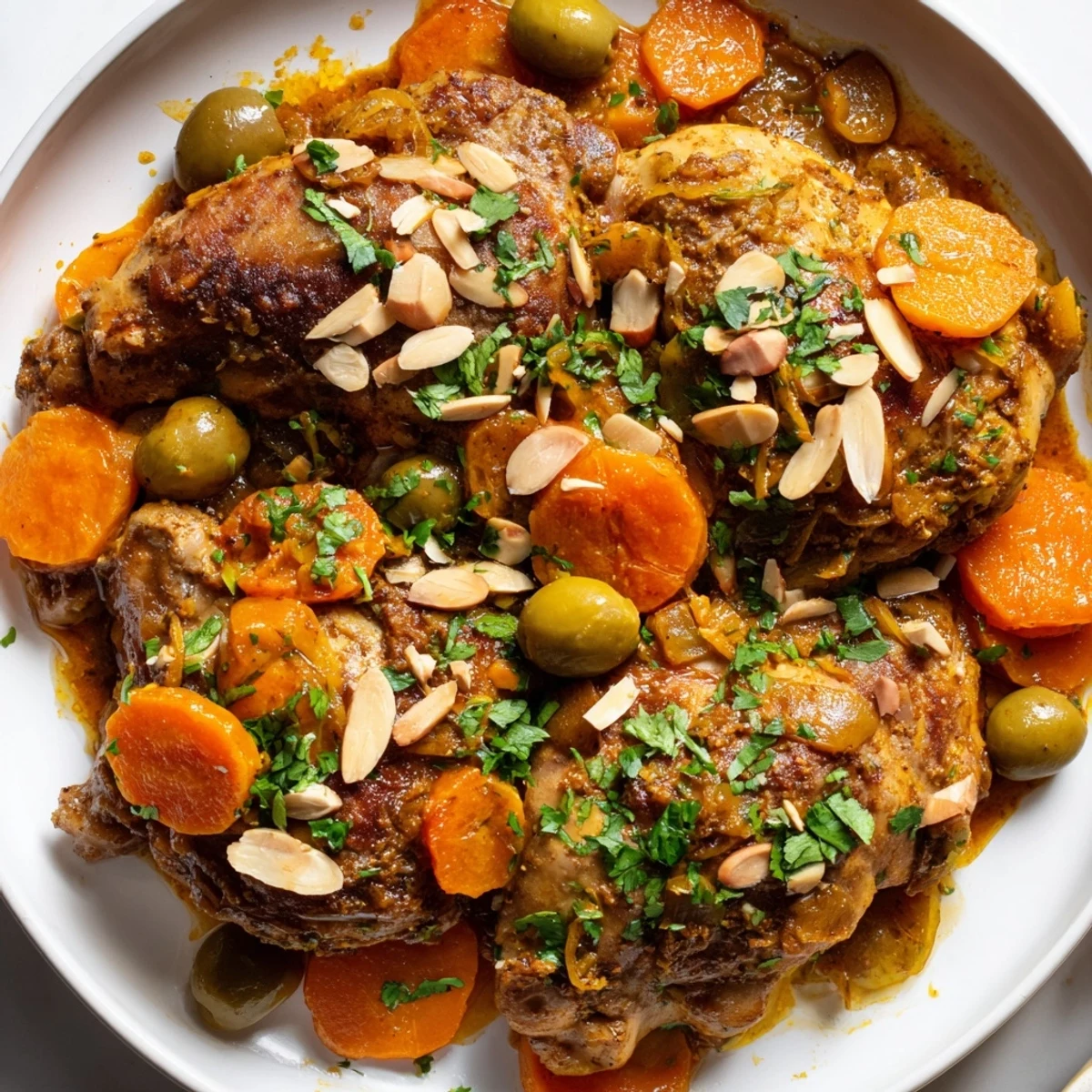 Tender Moroccan Tagine Chicken with sweet apricots, olives and warming spices, ready to enjoy.