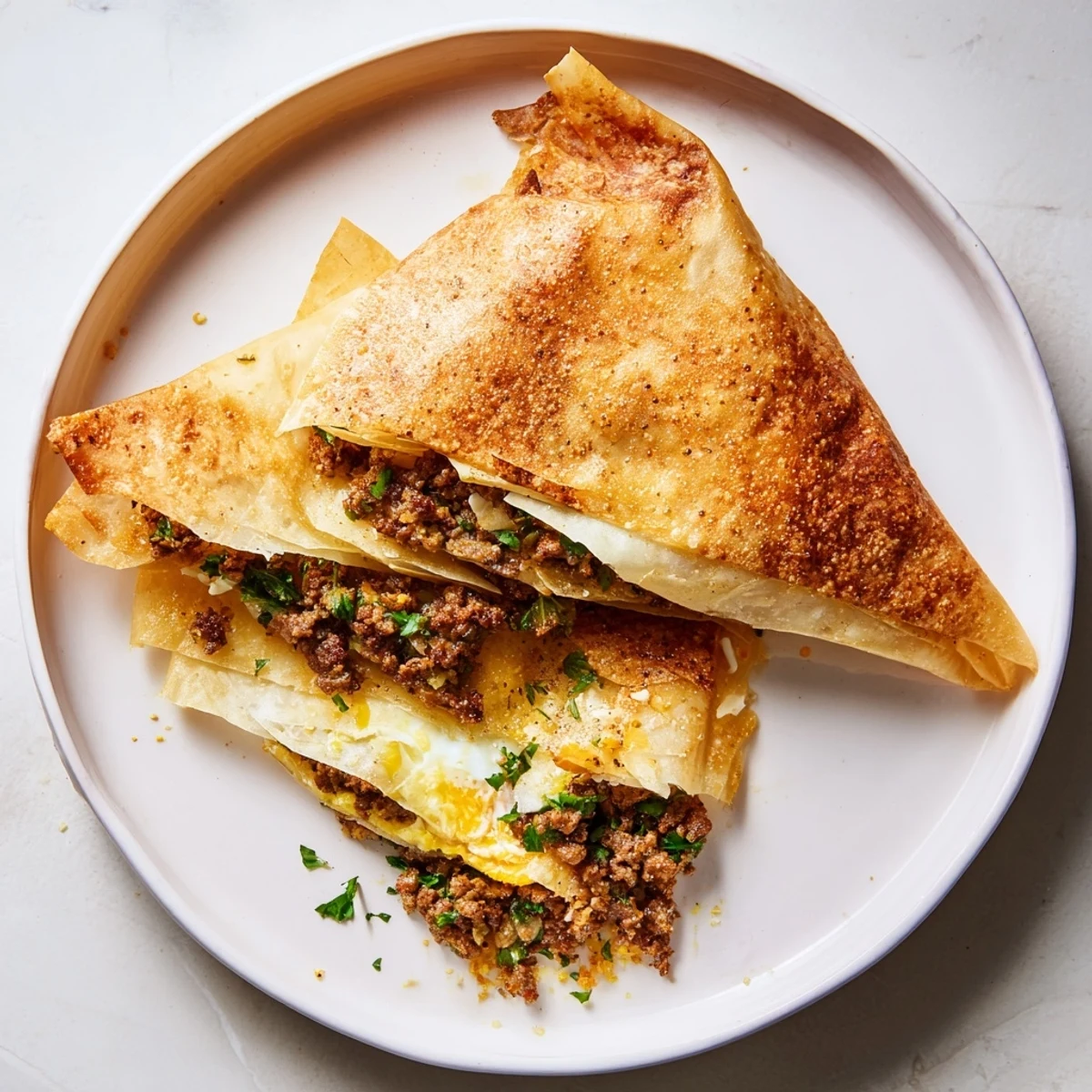 Close-up of a delicious and homemade Tunisian Brik, served hot with a golden crust.