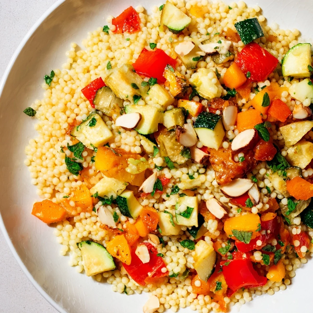 Fluffy Moroccan Couscous Salad with roasted veggies and herbs, ready to serve with a bright lemon dressing.