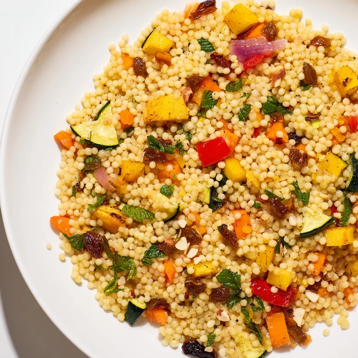 A close-up of a vibrant Moroccan Couscous Salad, showcasing toasted almonds and an array of fresh ingredients.