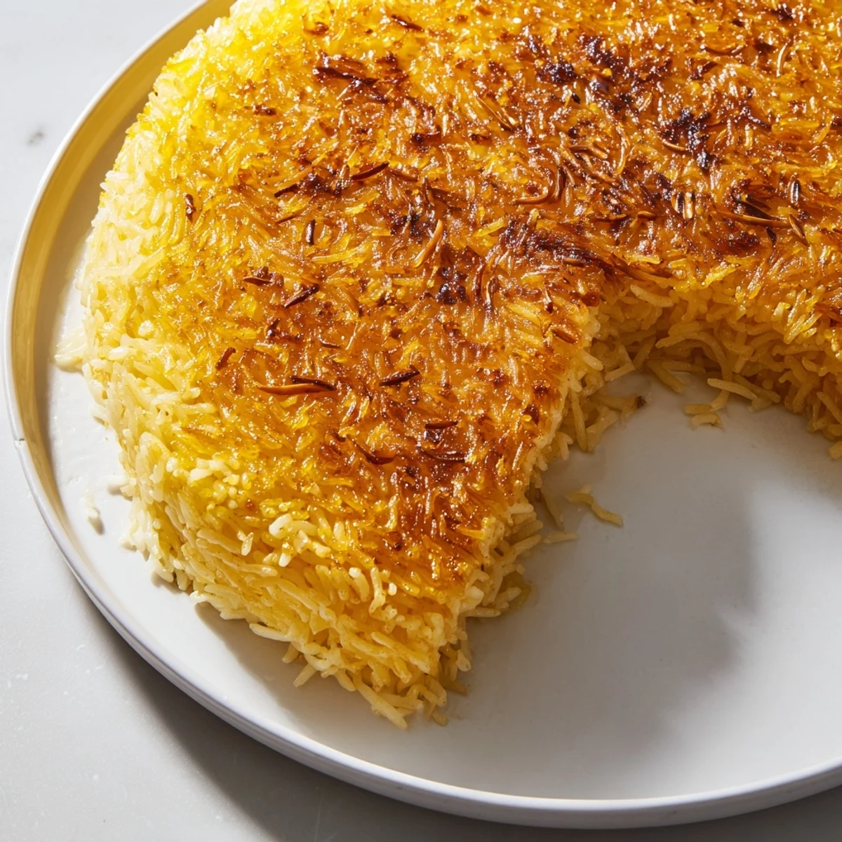 This gorgeous image presents fluffy, fragrant Persian Tahdig rice, topped with a flavorful, buttery tahdig crust.