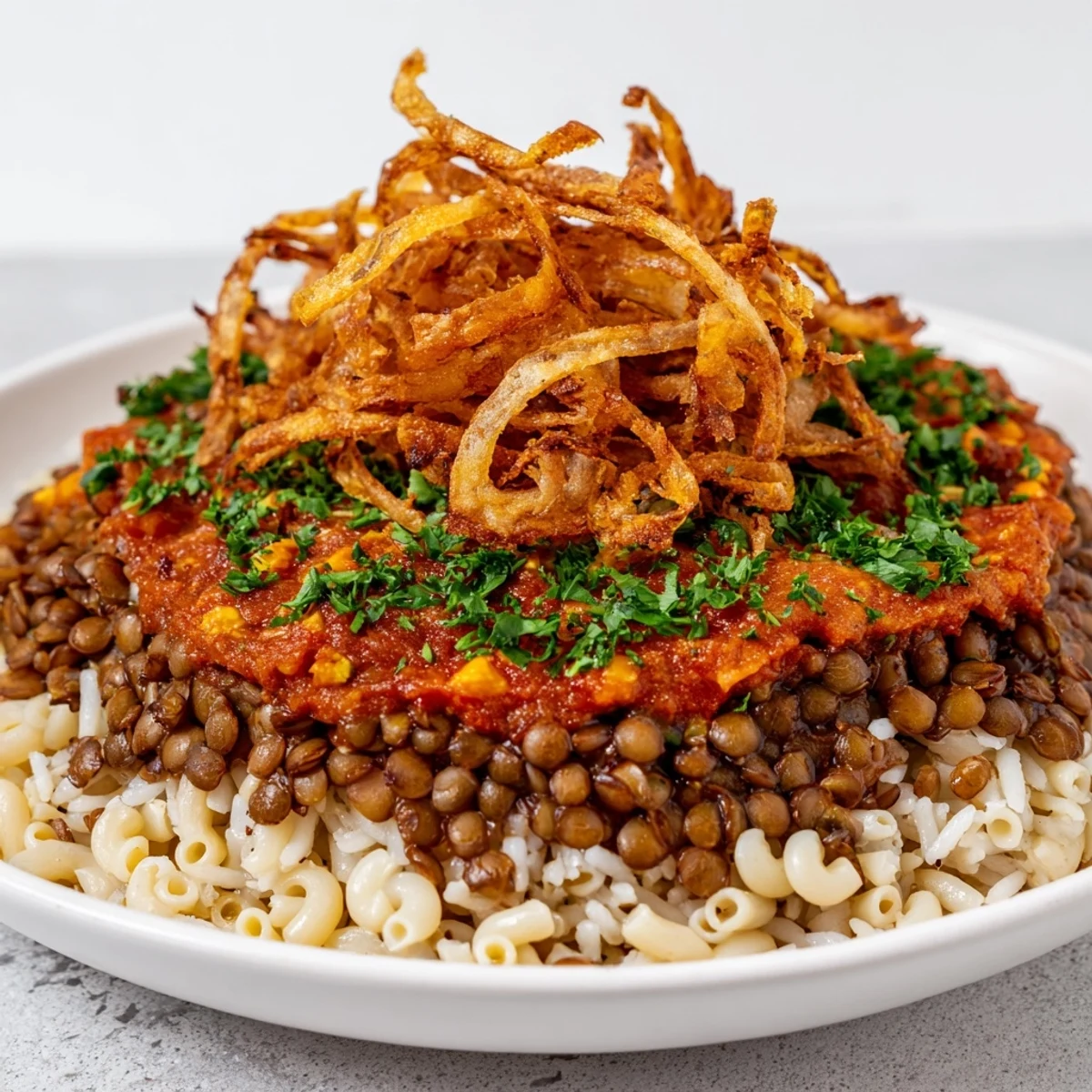 A hearty bowl of Egyptian Koshari, layered with rice, lentils, pasta, and vibrant tomato sauce.