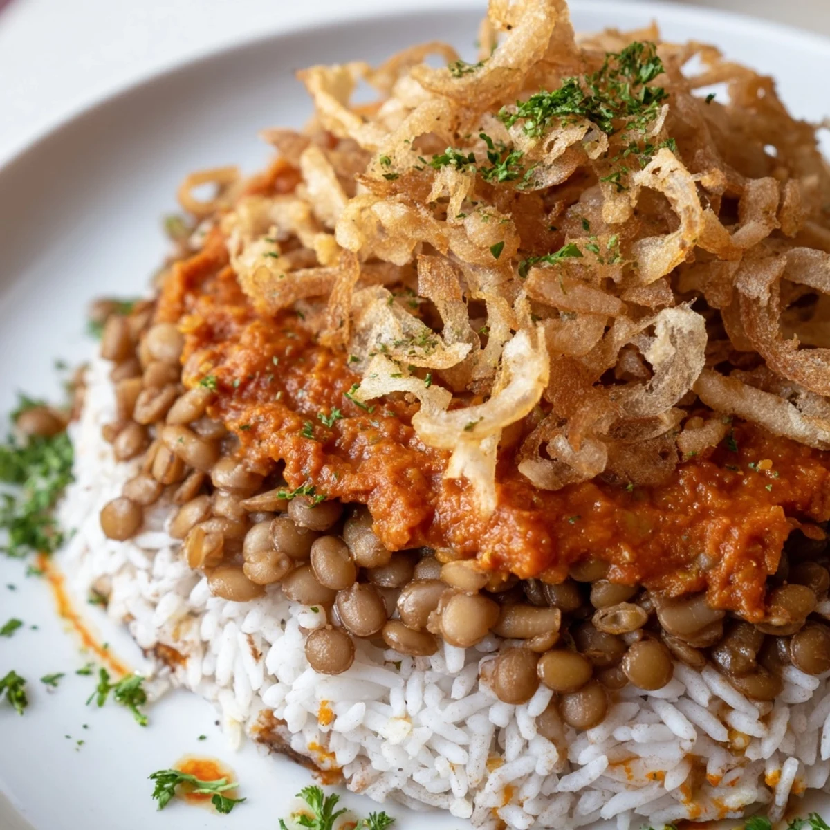 Golden crispy onions top this delicious bowl; an image of Egyptian Koshari, a vegan feast.