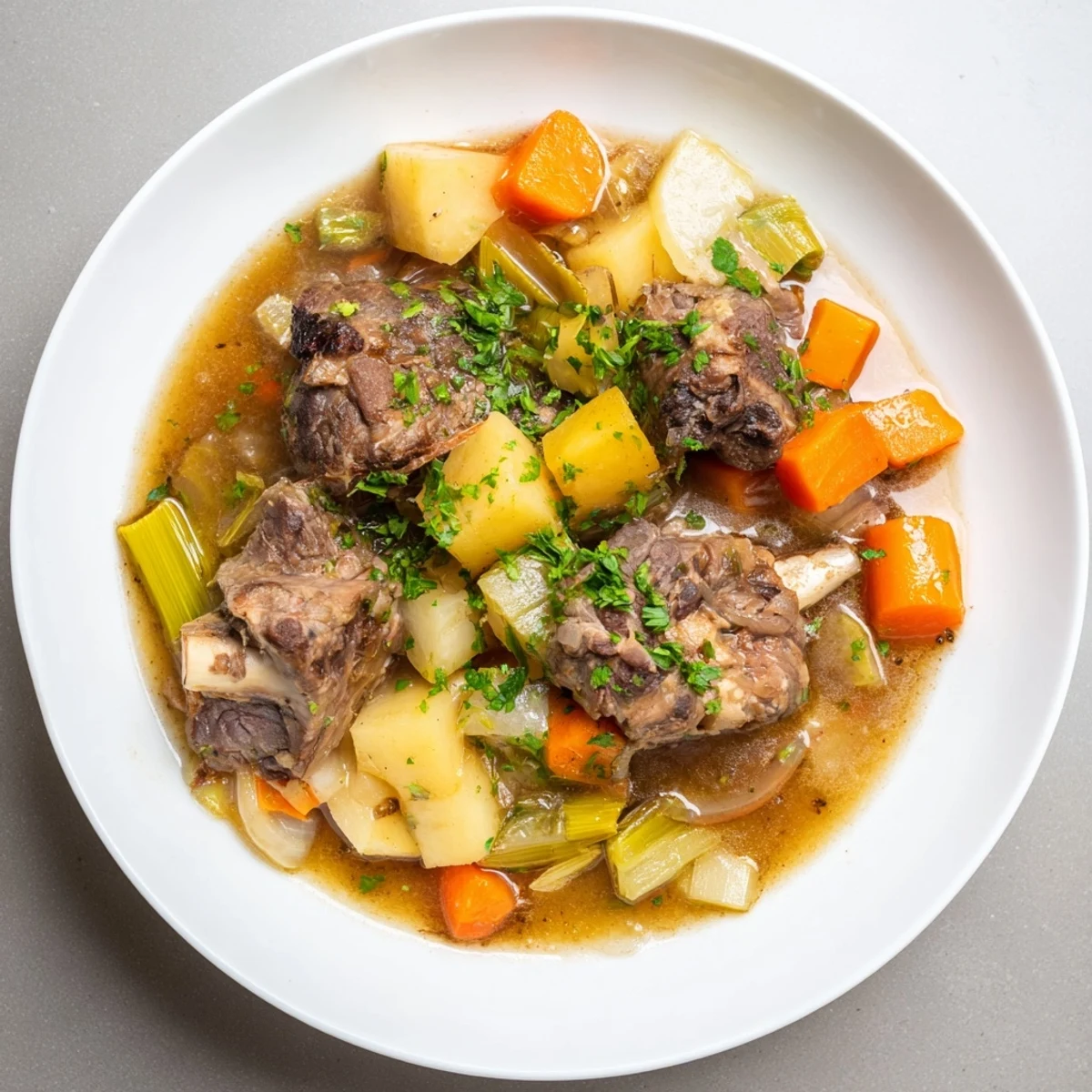 A generous bowl of Welsh Cawl stew, with chunks of lamb and vegetables ready to be savored.