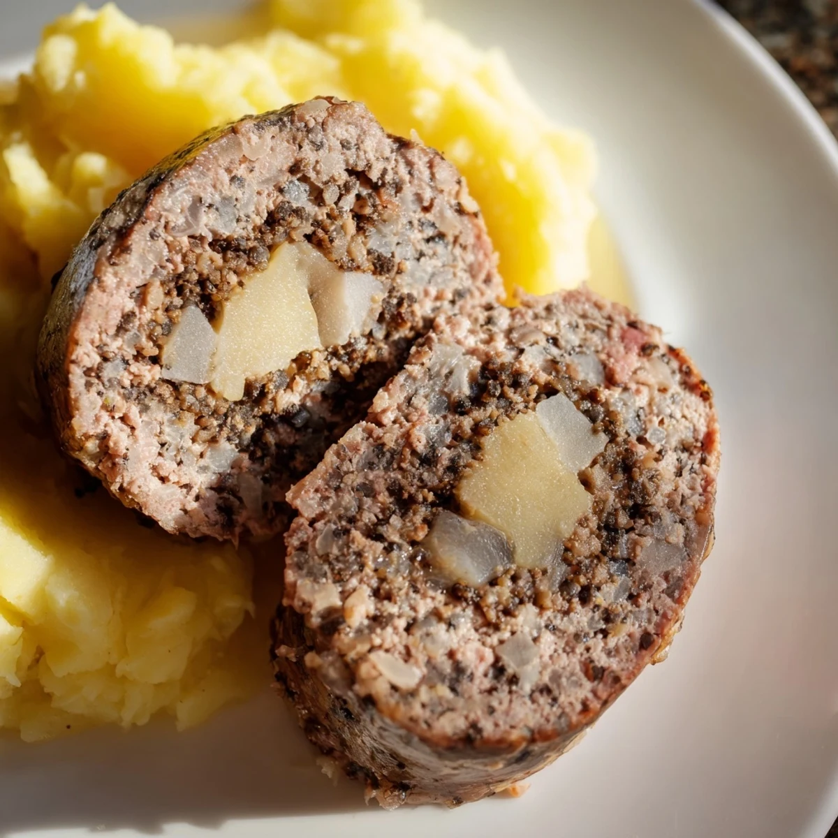 Steaming Scottish haggis, savory and spiced, served alongside creamy mashed neeps and tatties.