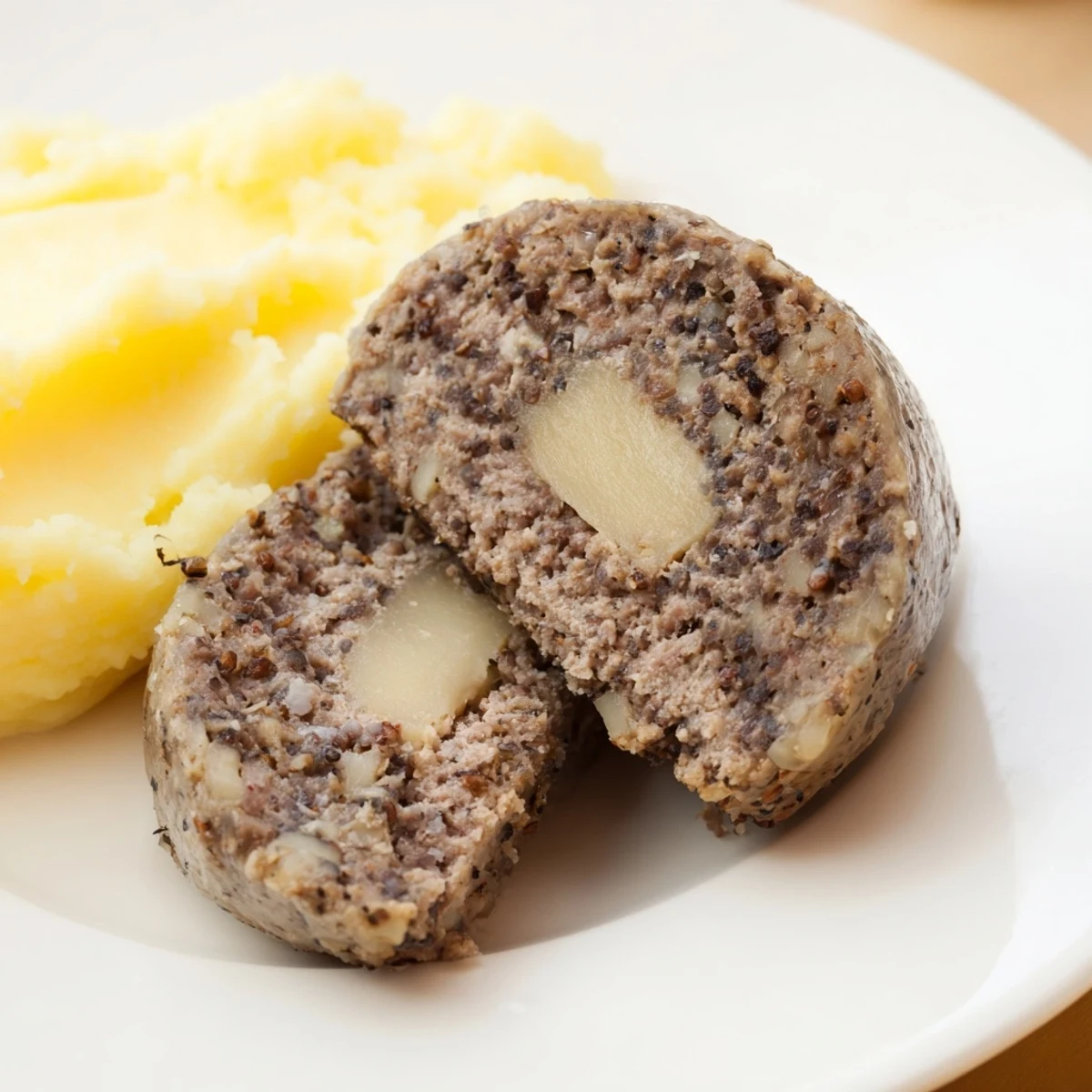 A close-up of a plated Scottish haggis, with fluffy oats and tender meat, ready to enjoy.
