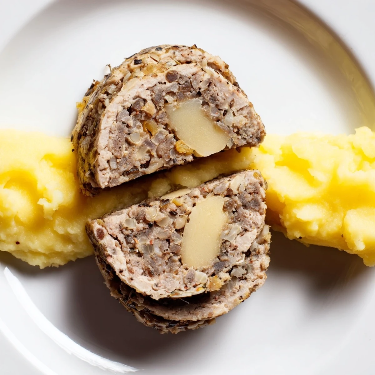 A delicious Scottish haggis, hot and steaming, with a rustic side of mashed potatoes and turnips.
