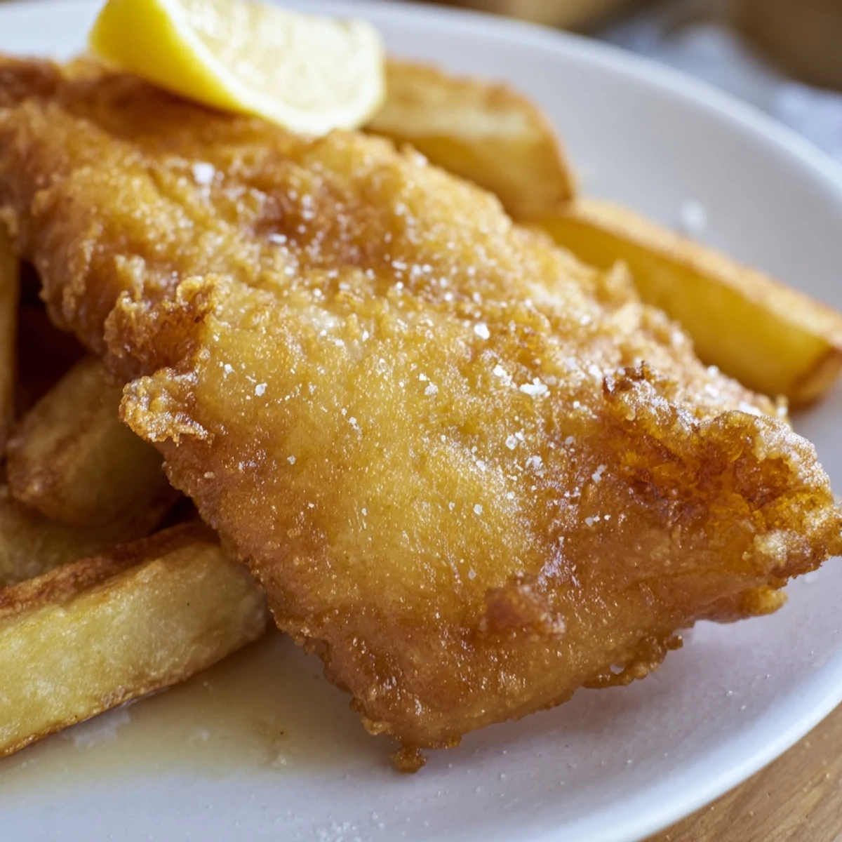 Golden-brown British fish & chips, a crispy delight, served with thick, salted fries and malt vinegar.