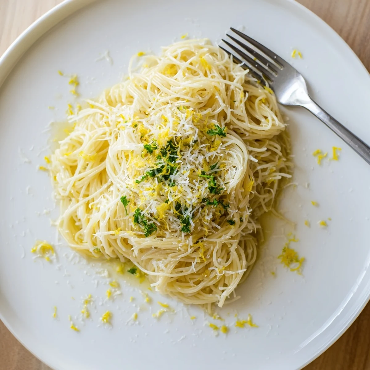 A close-up of a fork lifting silky lemon butter pasta, with extra parsley and lemon zest for a zesty finish.
