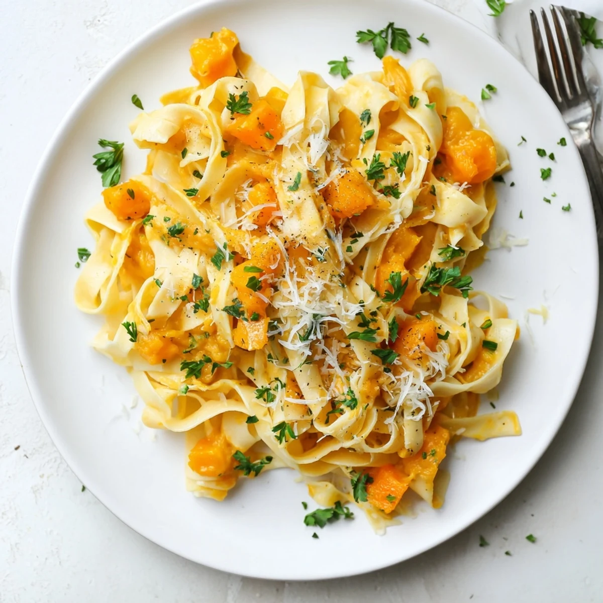 Velvety butternut squash pasta fettuccine coated in creamy roasted squash sauce, garnished with fresh parsley.