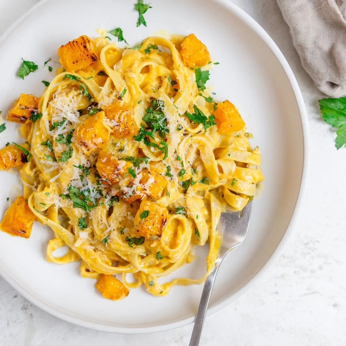 Golden roasted butternut squash pasta with creamy sauce, served steaming in a rustic bowl.