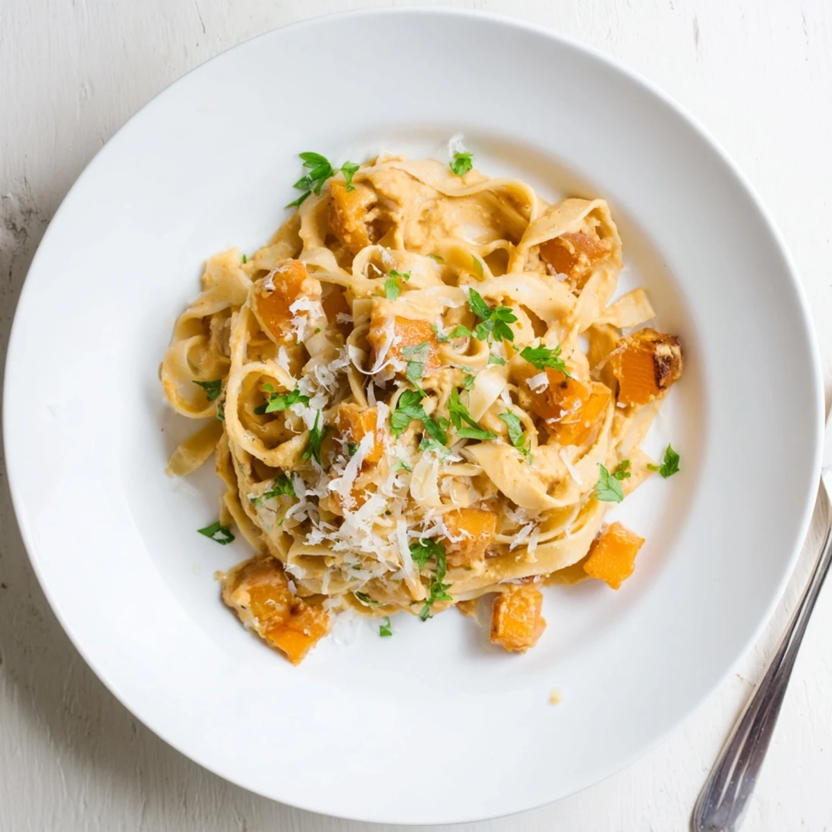 Hearty butternut squash pasta tossed in creamy sauce, topped with grated Parmesan and sage.