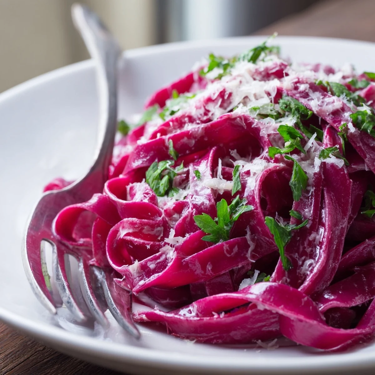 Freshly cut magenta beet noodles resting on a floured surface, ready to be cooked.  