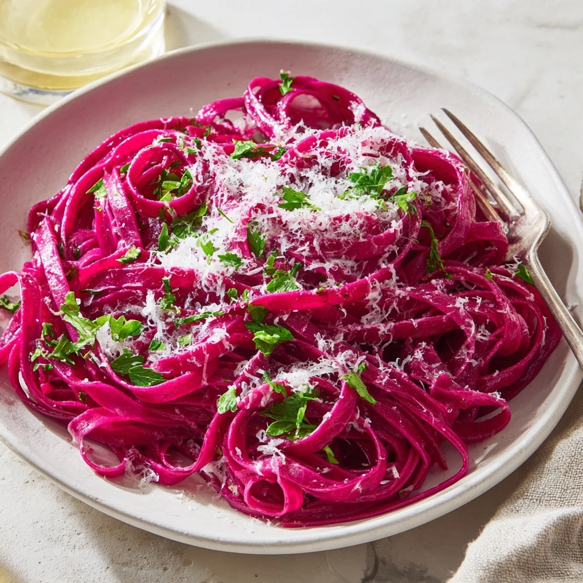 Rolled beet noodle pasta dough with vibrant pink edges, shown with a rolling pin nearby.  