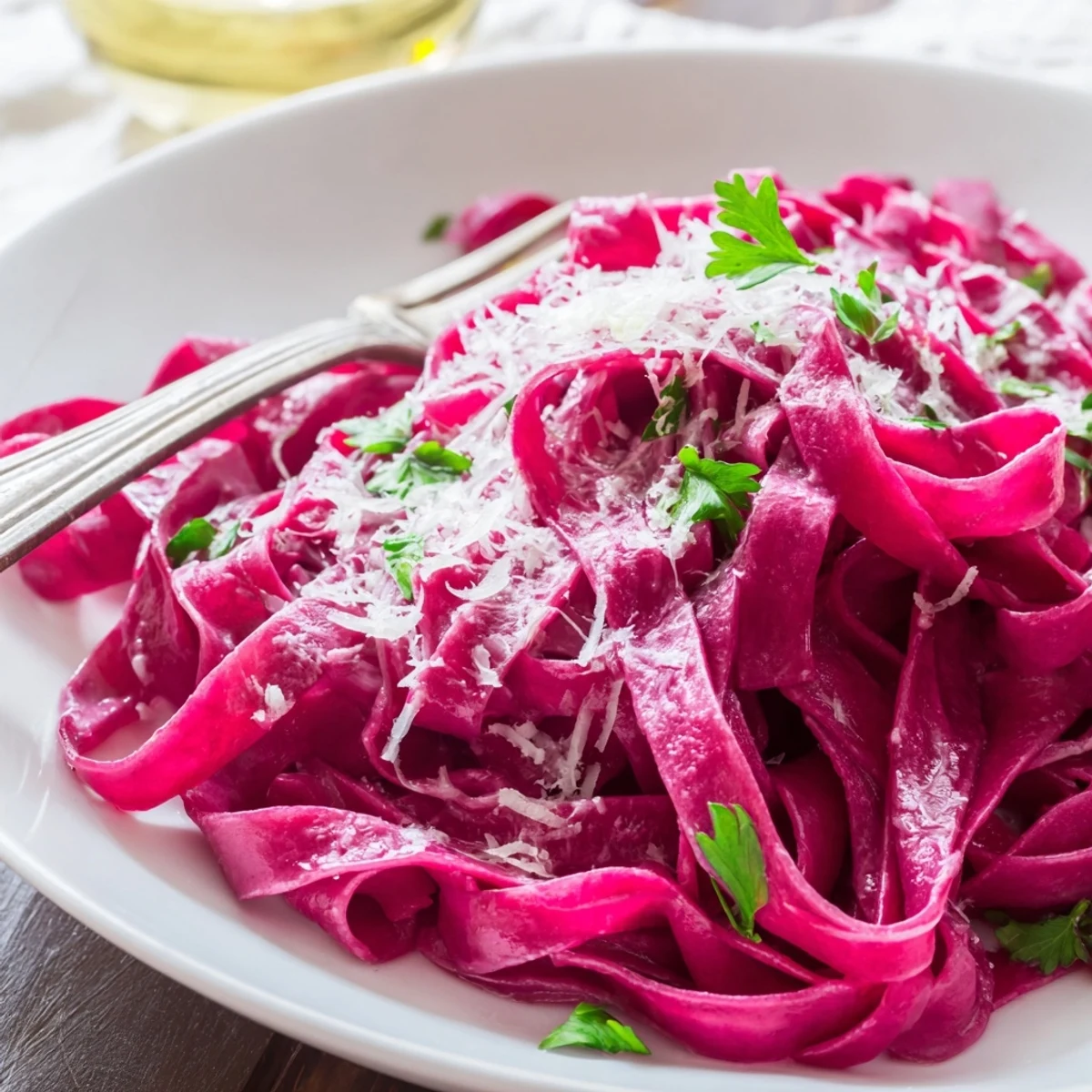 Serving of cooked beet noodle pasta tossed in butter, topped with fresh herbs and parmesan.