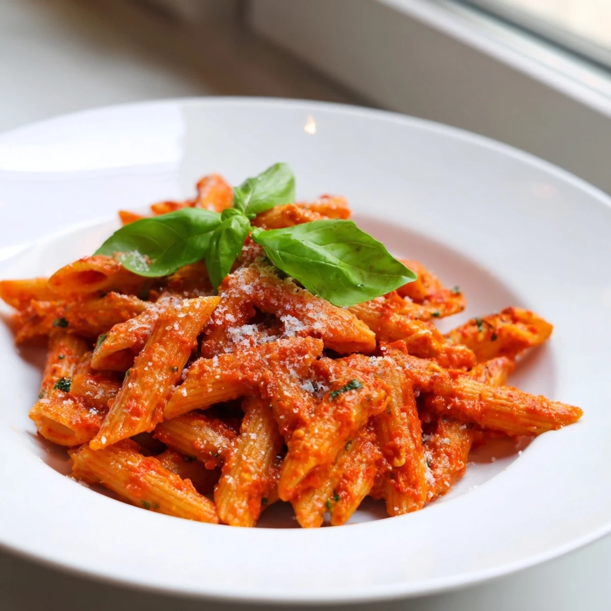 Hearty Sun-Dried Tomato Pesto Pasta tossed with fusilli, topped with toasted pine nuts and vibrant red sun-dried tomatoes.