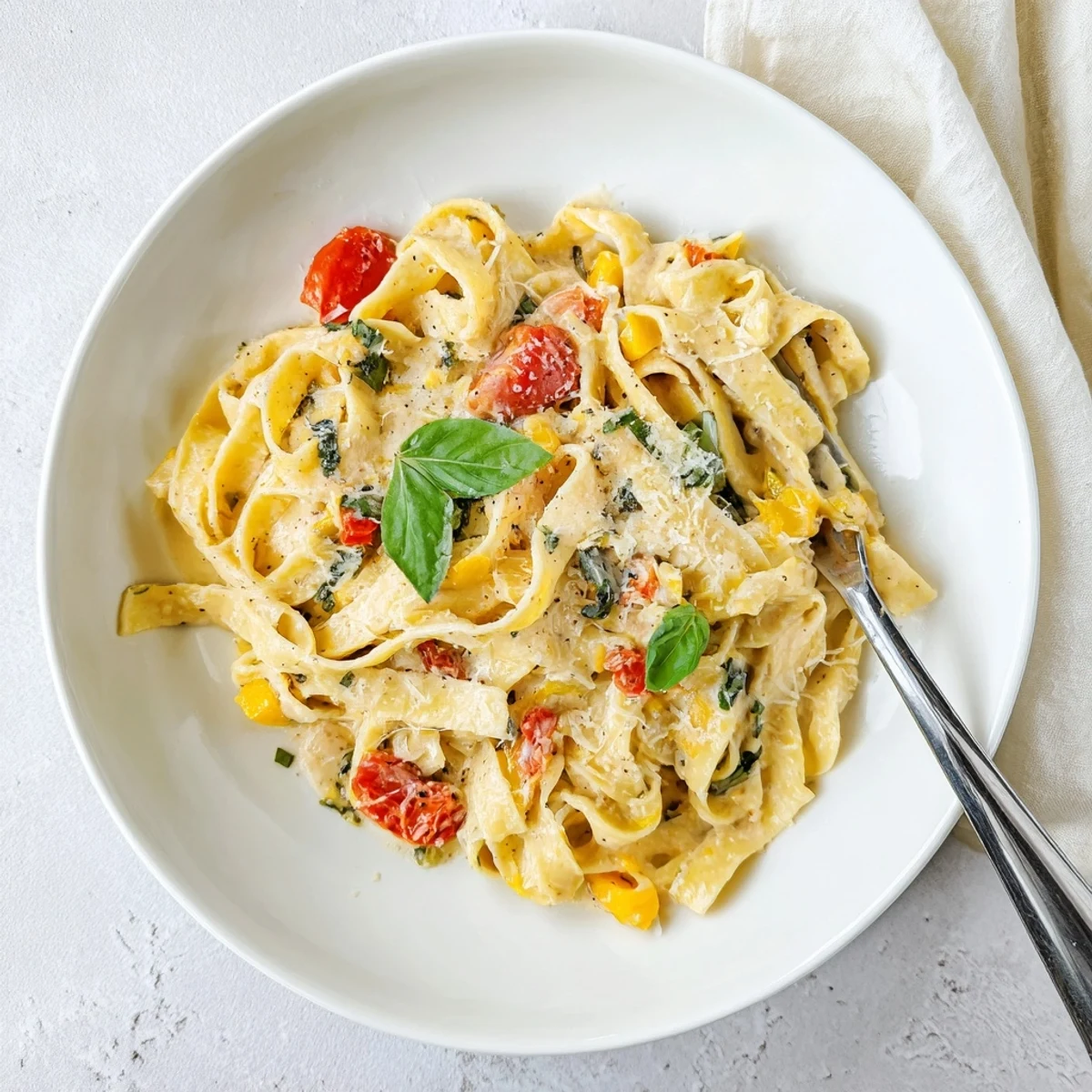 A skillet of Roasted Garlic Pasta Sauce being tossed with linguine, with roasted garlic bulbs nearby.