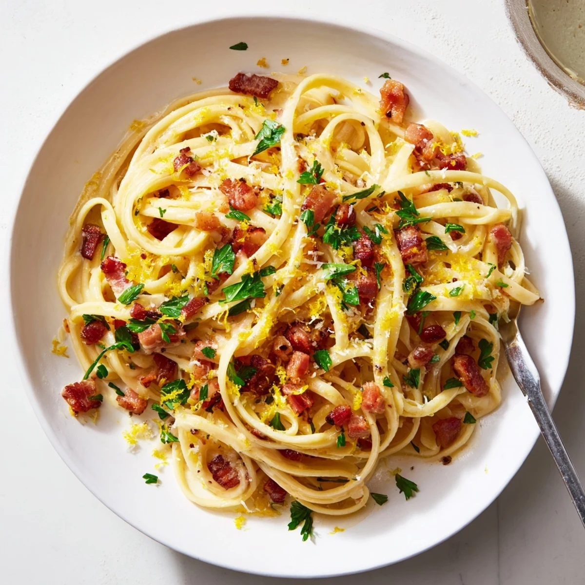 Close-up view of a fork lifting a twirled portion of Crispy Bacon Linguine, revealing melted Parmesan and specks of black pepper in the silky sauce.