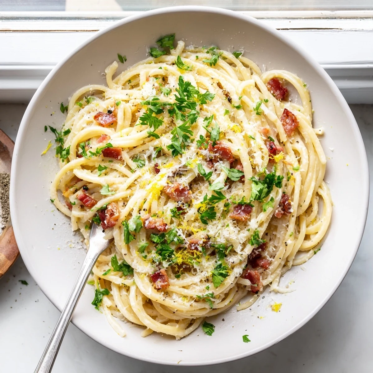 A steaming bowl of Crispy Bacon Linguine, featuring al dente pasta strands tossed with savory, crispy bacon pieces and a glossy, no-cream sauce.  