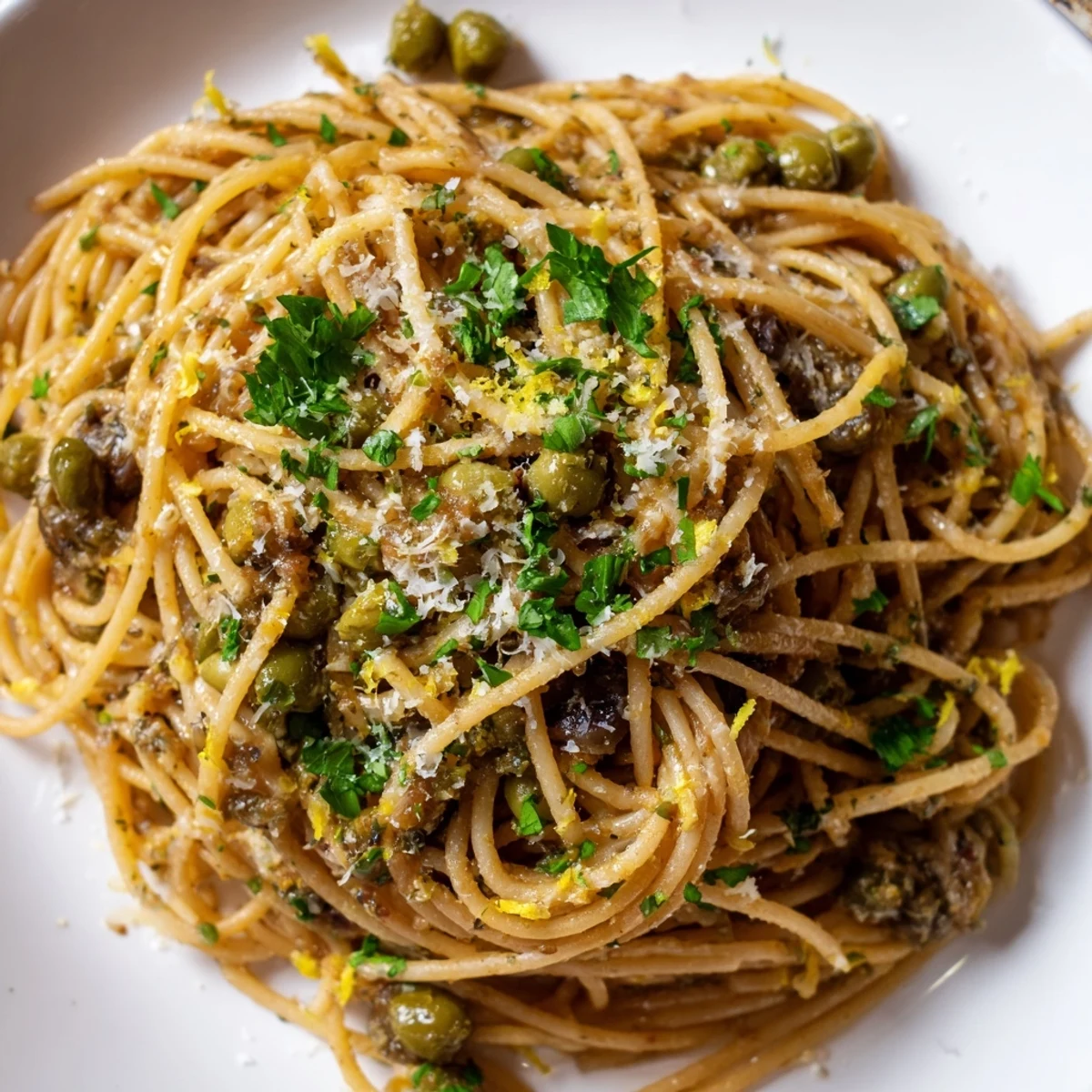 Savory olive tapenade pasta tossed with al dente spaghetti, finished with fresh parsley and lemon zest.
