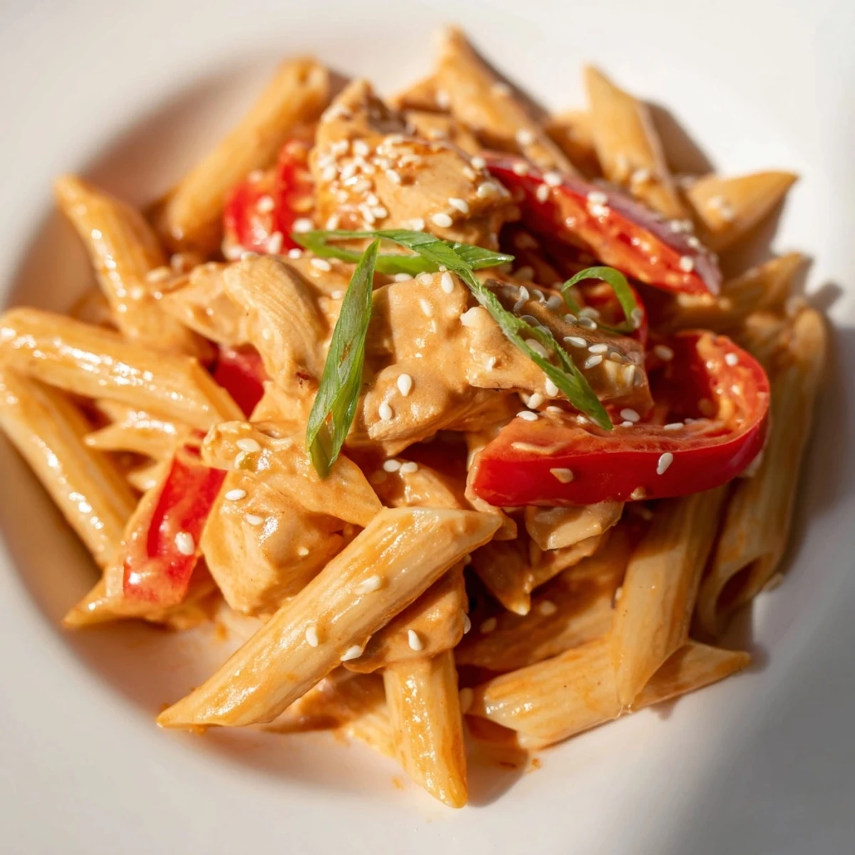 Steaming Sweet Chili Chicken Pasta twirls in creamy sauce, with sautéed chicken and red bell pepper nestled among penne.