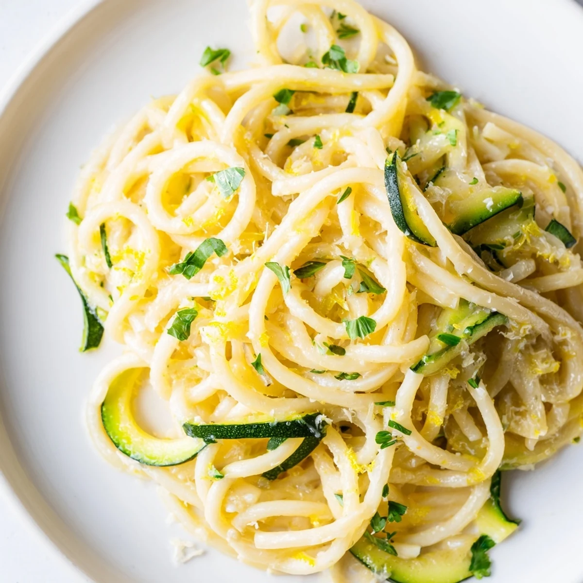 Al dente spaghetti tangled with bright spiralized zucchini in a glossy lemon butter sauce, garnished with fresh parsley.