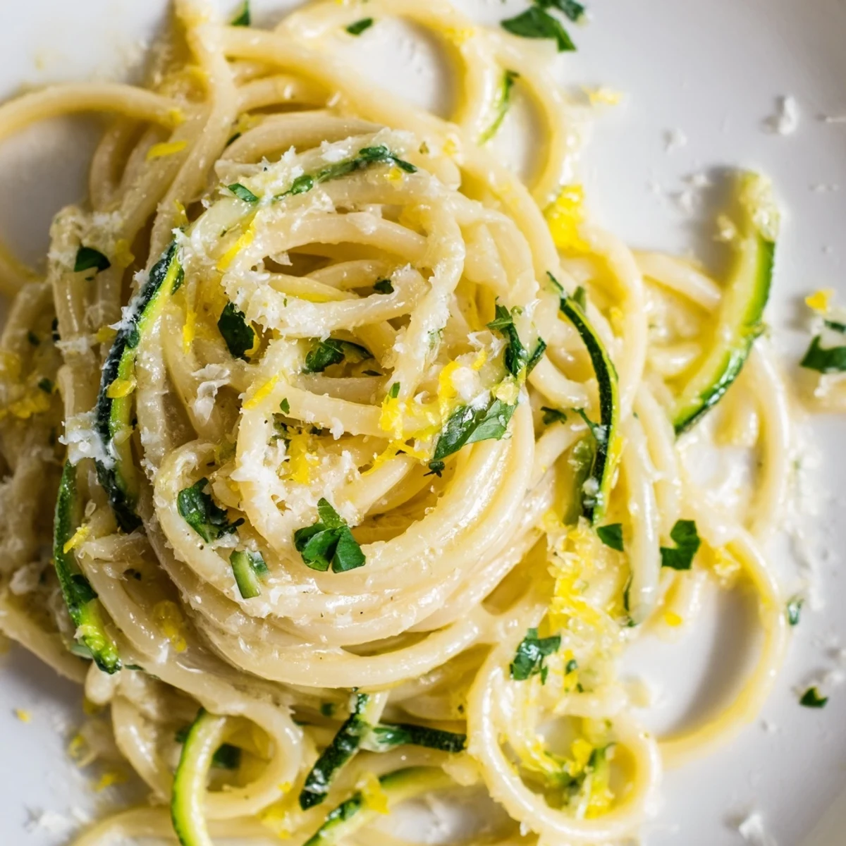 Tender zucchini noodles and pasta tossed in a vibrant lemon garlic butter sauce with melted Parmesan.