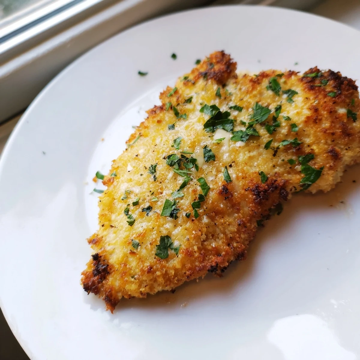 Tender baked chicken breasts with a crispy, golden Parmesan topping, ready to enjoy for dinner.