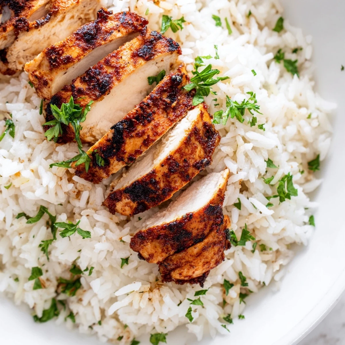 A close-up of garlic butter rice with juicy grilled chicken, butter glistening on the rice.
