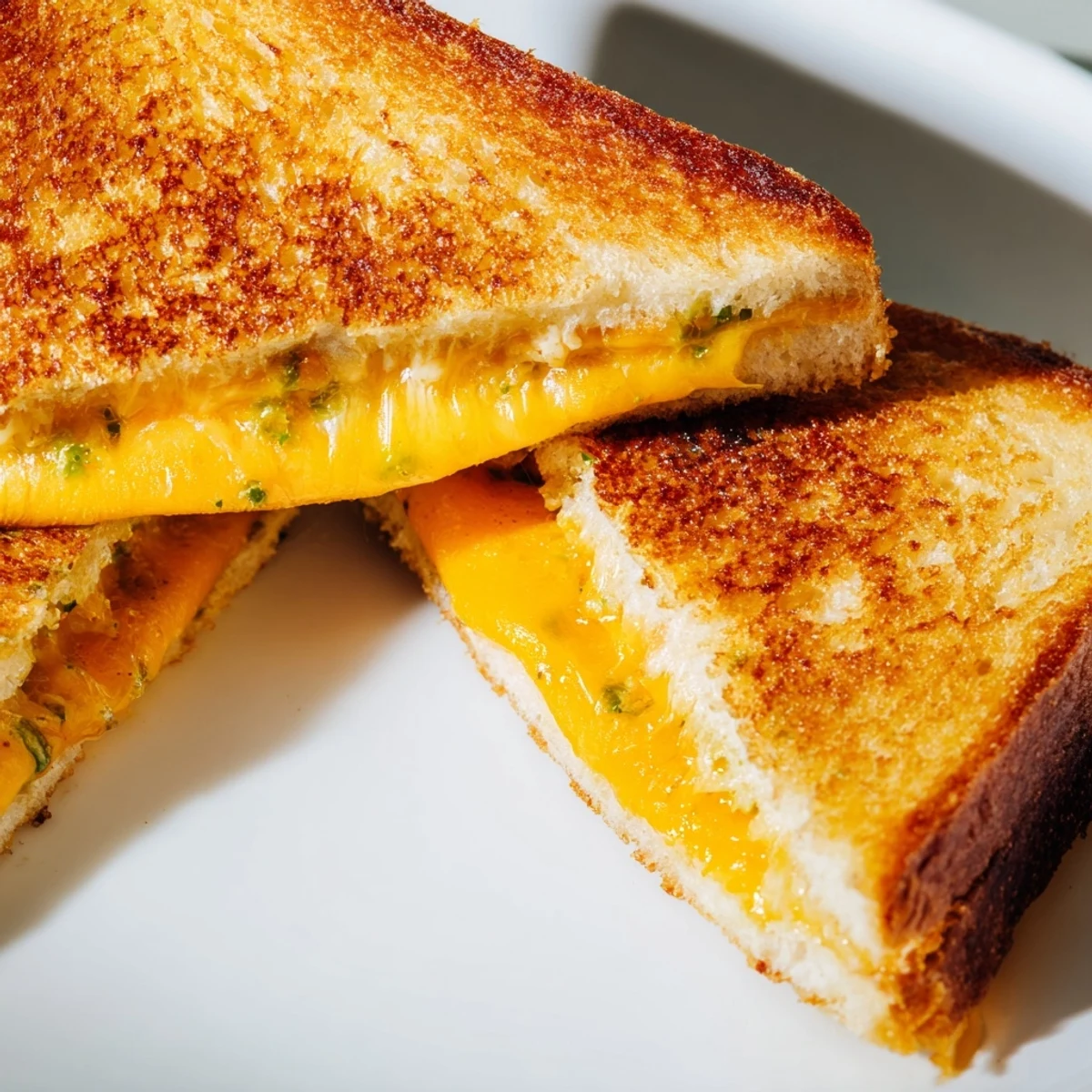 Golden-brown grilled cheese sandwich sliced on a cutting board, revealing melted cheddar and cream cheese with jalapeño peppers inside.