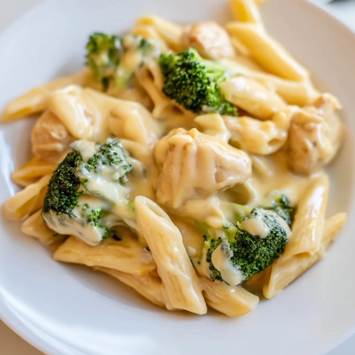 Savory Chicken Broccoli Cheddar Pasta served warm on a plate, garnished with fresh parsley and a side of crusty garlic bread.  