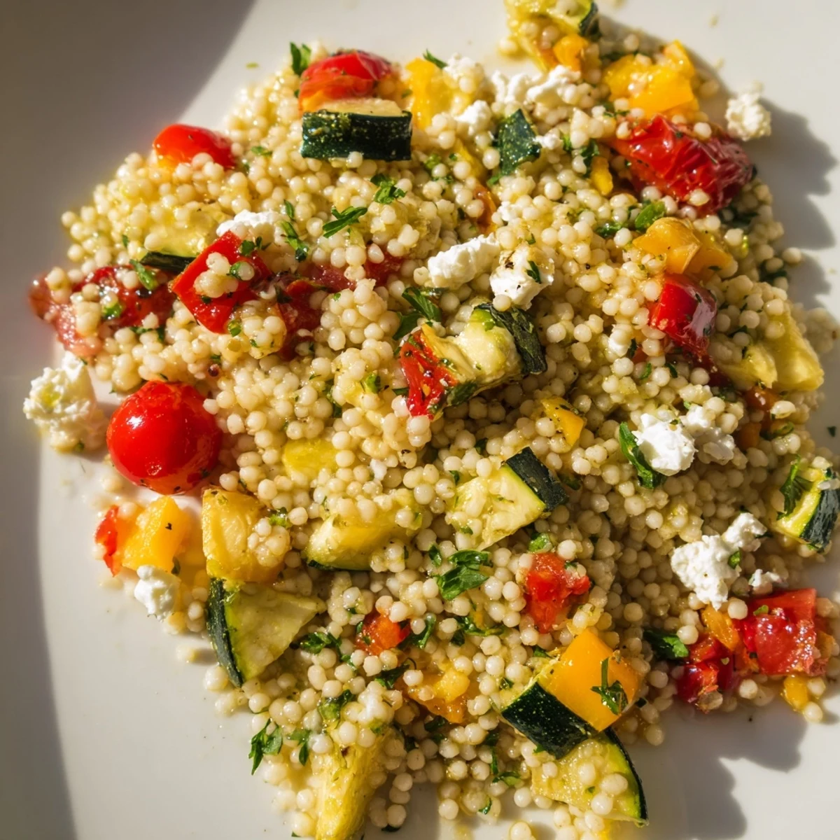 A vibrant Roasted Veggie Couscous Salad topped with fresh herbs, feta, and toasted pine nuts on a plate.