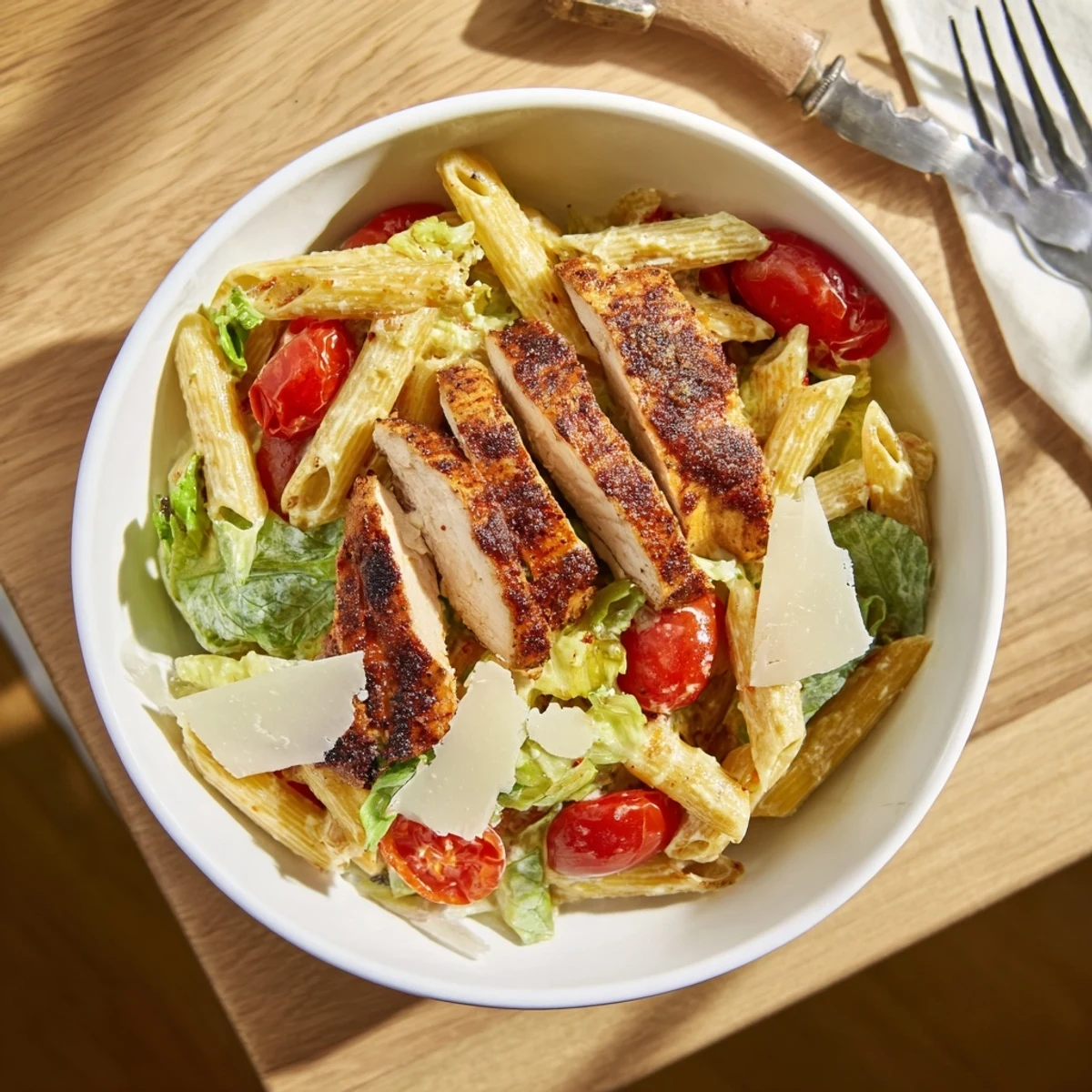 Steaming bowls of Spicy Chicken Caesar Pasta feature grilled chicken, creamy dressing, and crisp romaine.