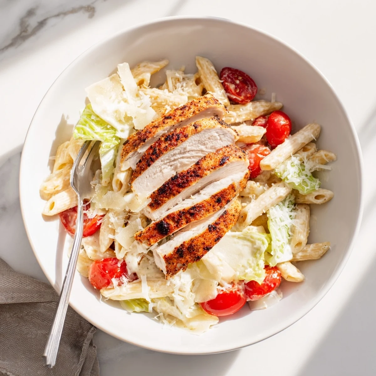 Golden, grilled chicken slices top a pasta salad with Caesar dressing and Parmesan.