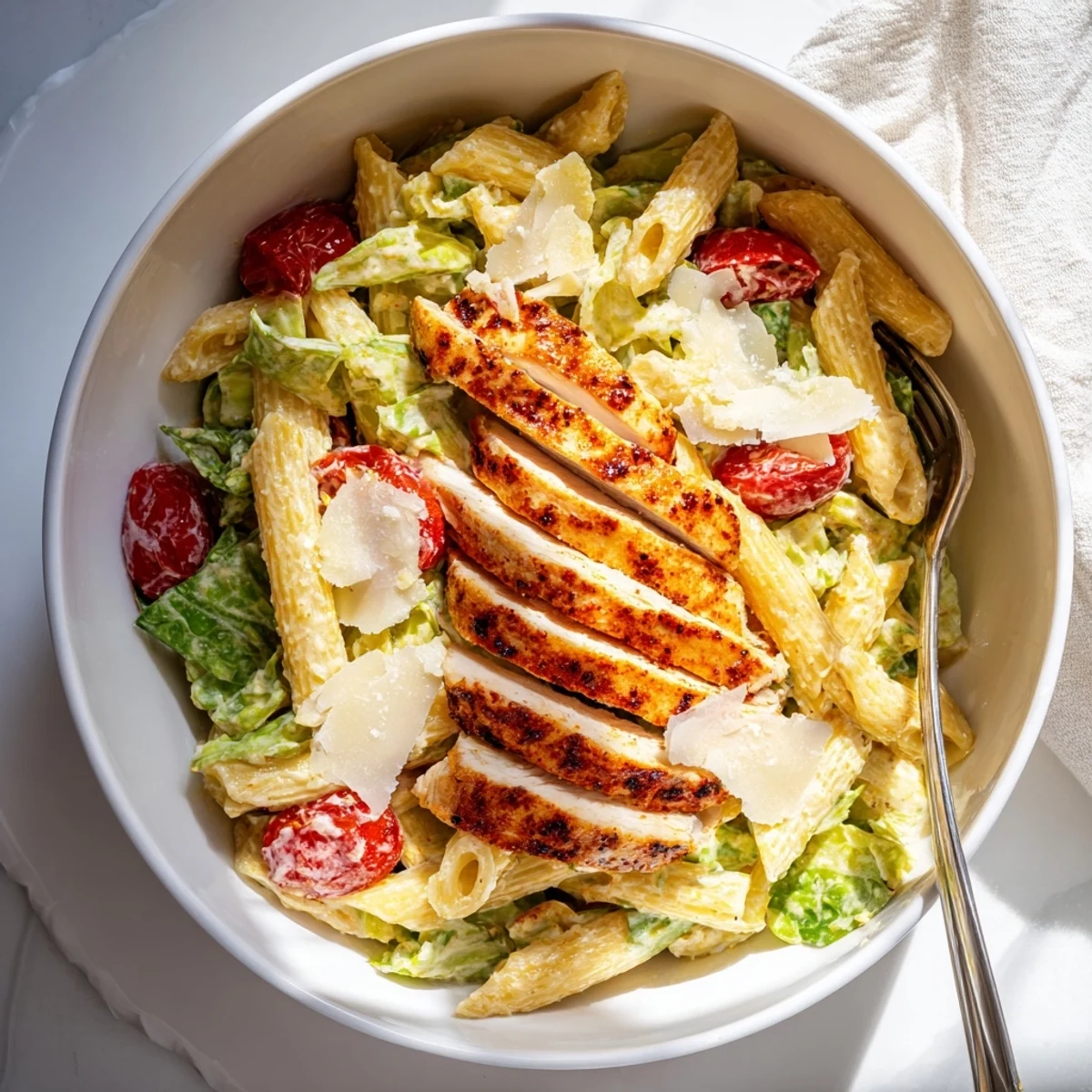 Spicy Chicken Caesar Pasta blends smoky chicken, tender penne, and crunchy croutons.