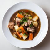 Steaming bowl of Classic Pork and Root Vegetable Irish Stew, fragrant with herbs and slow-cooked to perfection.