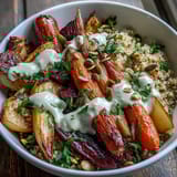 A warm bowl of Roasted Root Vegetable Bowl featuring tender turnips, fluffy grains, and fresh parsley garnish on a plate.