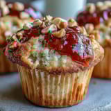 Moist Peanut Butter and Guava Muffins display a rich crumb and gooey guava center, with chopped peanuts scattered on top for extra crunch and texture.